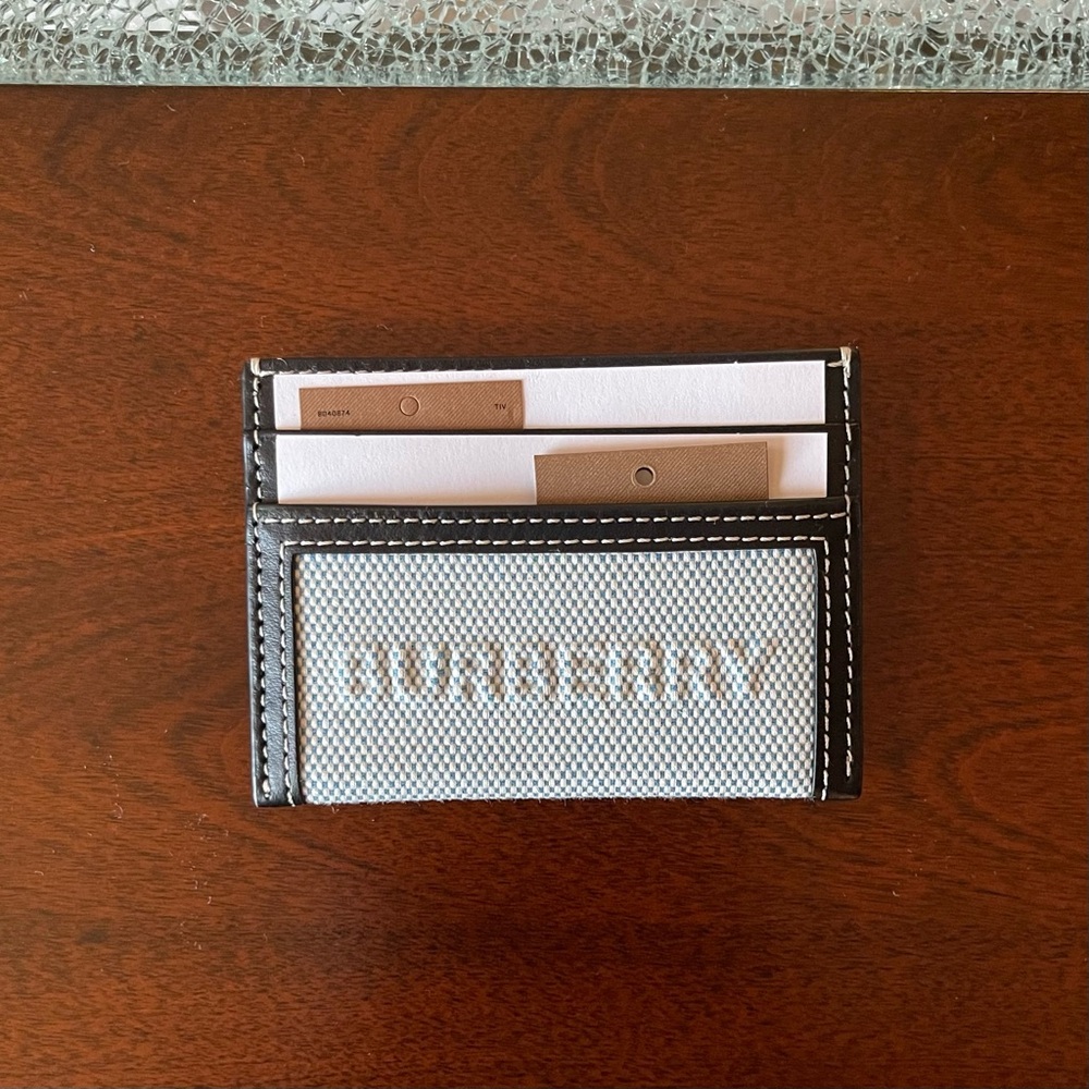 Burberry Black-Trim Blue and White Canvas Card Holder